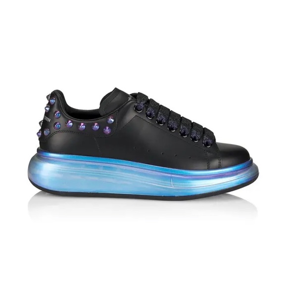 Alexander McQueen Shoes - Alexander McQueen Black Leather Sneakers with Iridescent Blue Platform